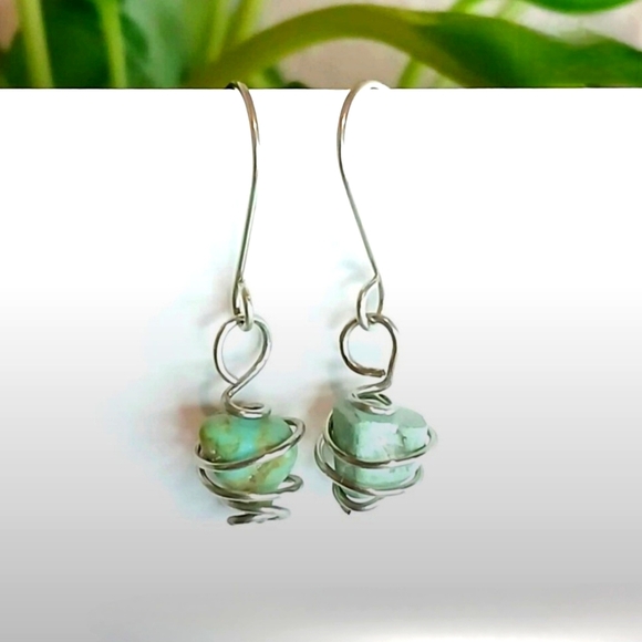 Turquoise Crystal Dangle Earrings, Dainty Gemstone Artisan Handmade - Picture 1 of 2
